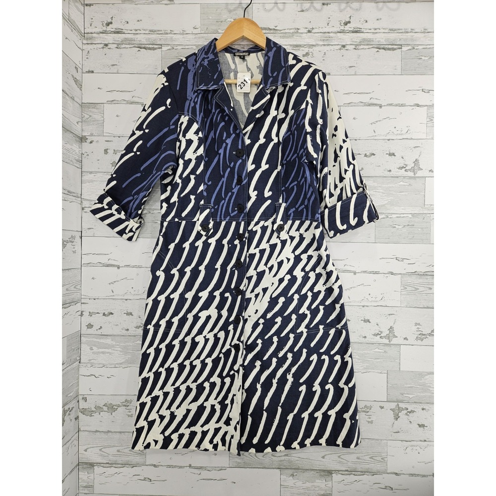 Anni Kuan Navy White Abstract Print Button Front Shirt Dress Size 12 Made in‎ NY